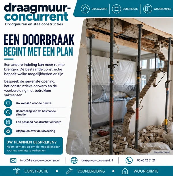 Illustratief beeld van een wandopening met staal en ondersteuning